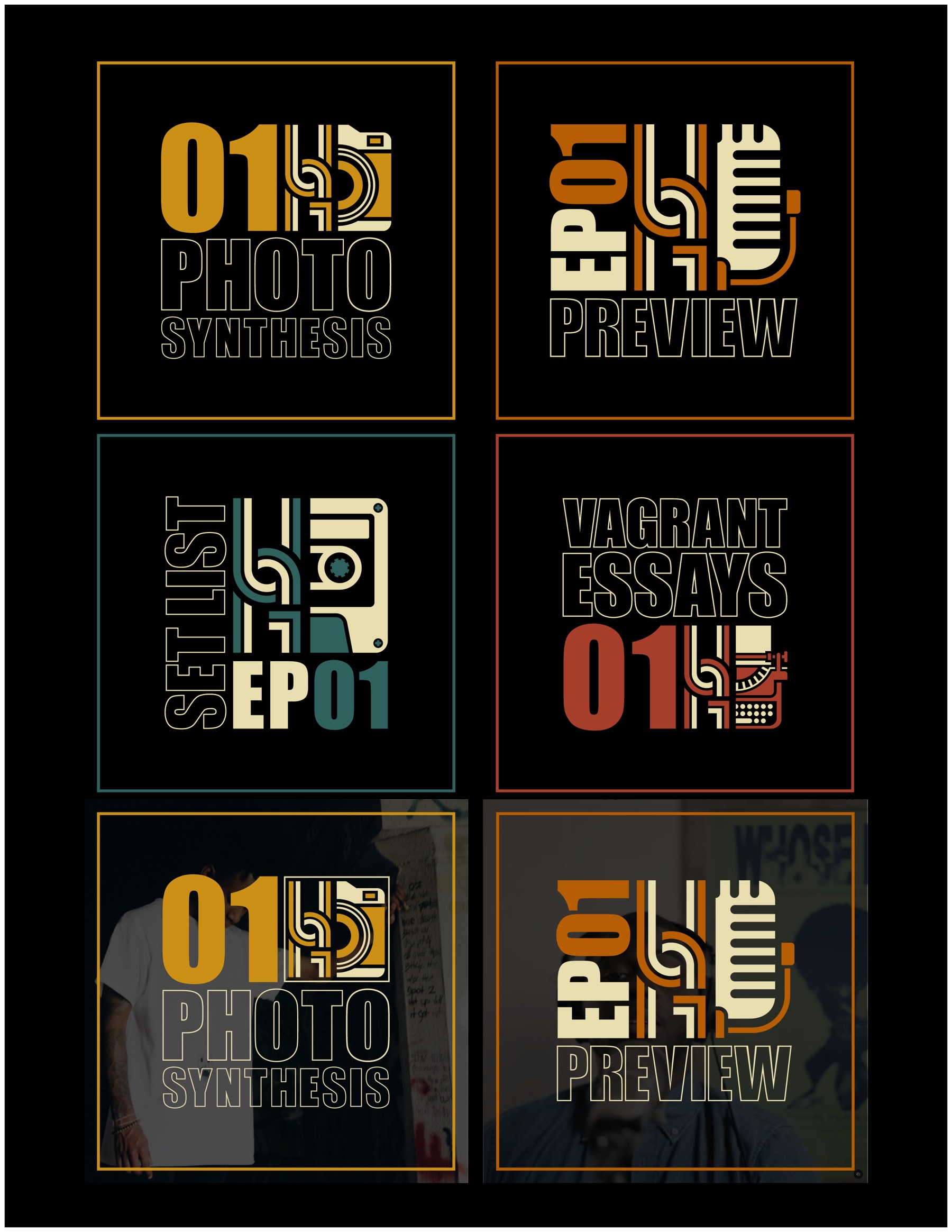 Content categories — Episode and format graphics within the identity.