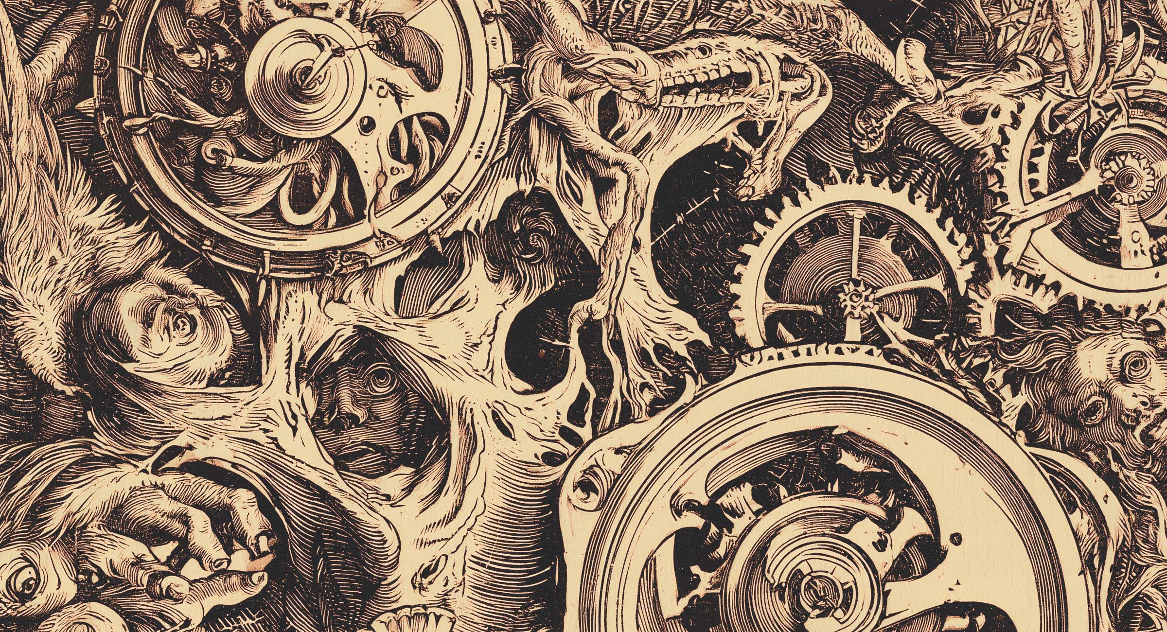 Engraved machinery and surreal figures from The Novelty Engine